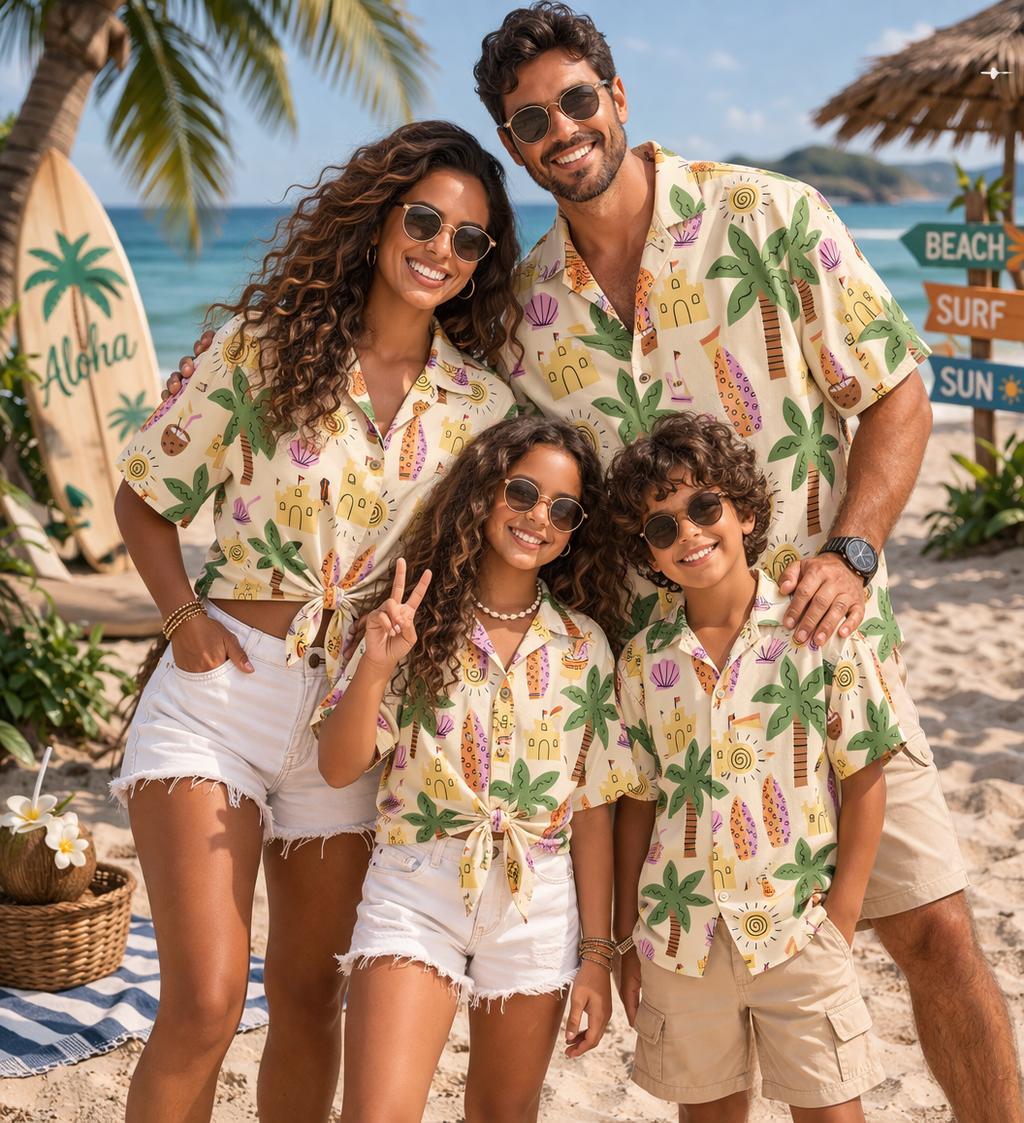 Family Tree Print - Hawaiiaans kindershirt met plantenbloem en kokospalm